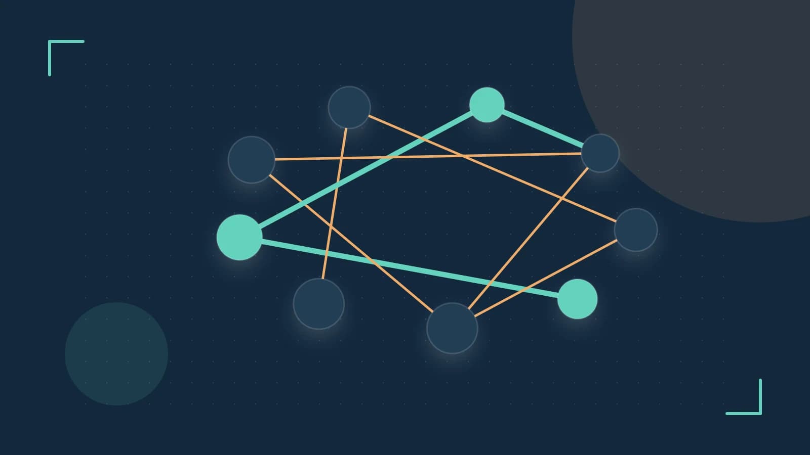 Editorial illustration of an algorithmic node graph with branching paths and a highlighted result