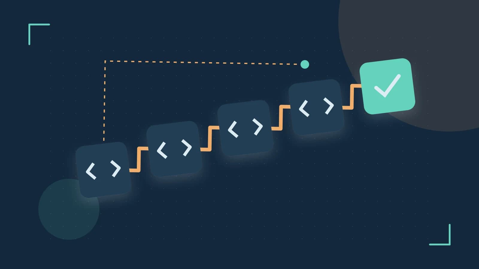 Editorial illustration of a branching build pipeline, staged transformations and a completed check