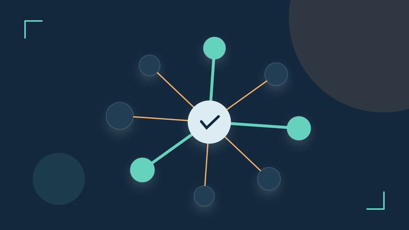 Editorial illustration of an algorithmic node graph with branching paths and a highlighted result