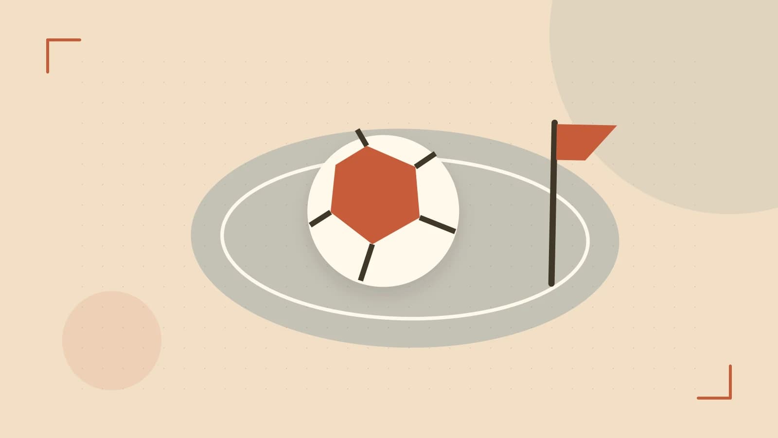 Editorial illustration of a stylized sports ball, stadium geometry and dynamic arcs