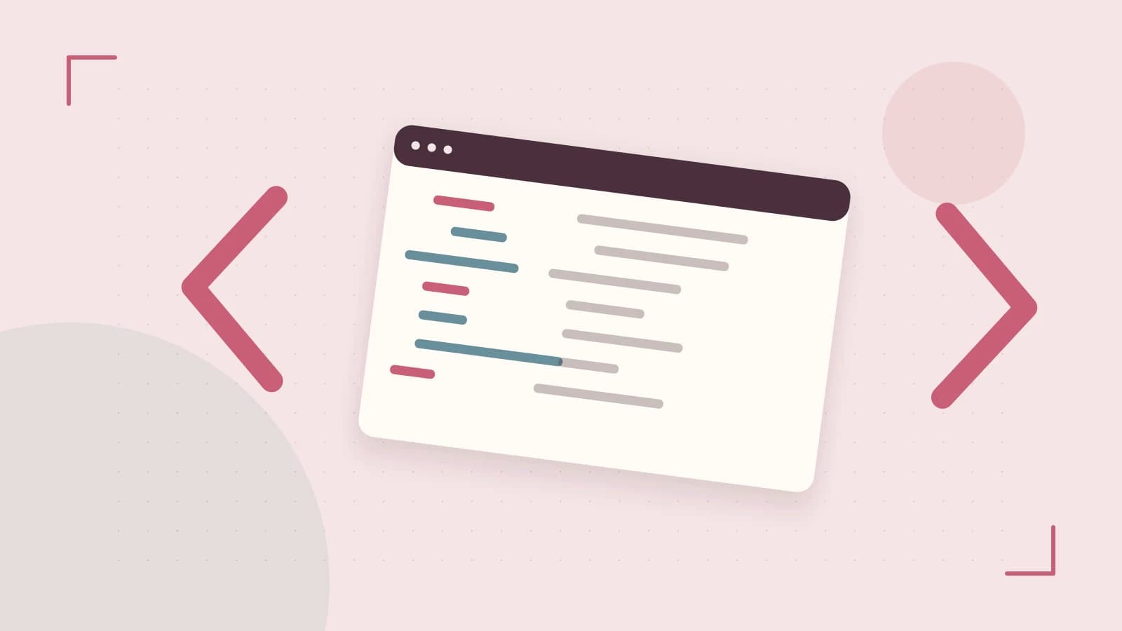Editorial illustration of an abstract code editor, syntax blocks and oversized programming brackets