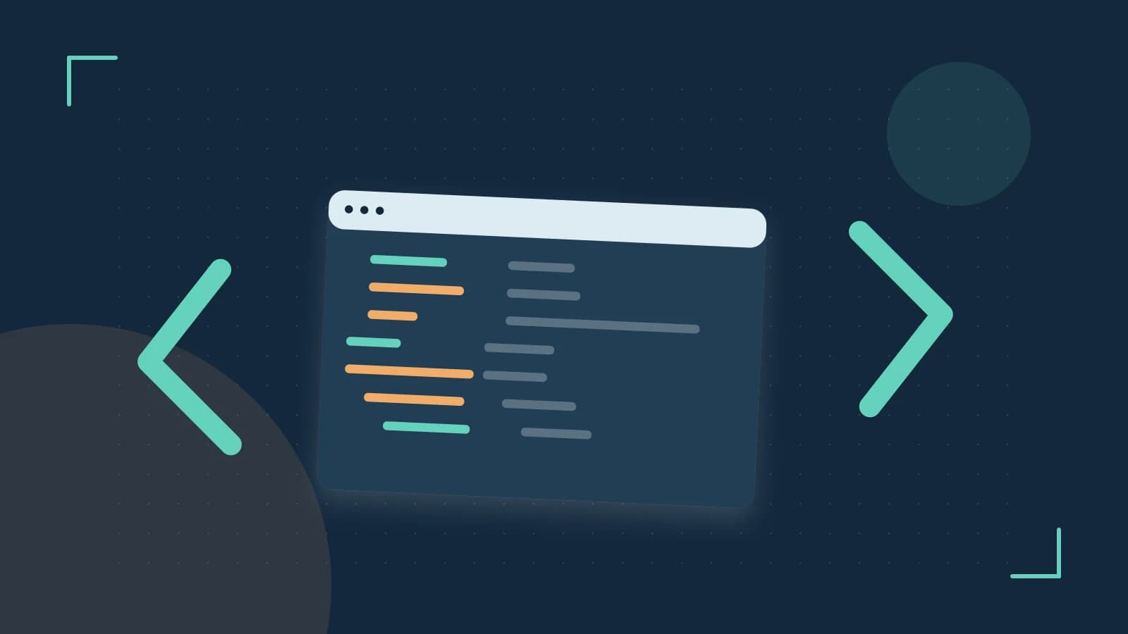 Editorial illustration of an abstract code editor, syntax blocks and oversized programming brackets