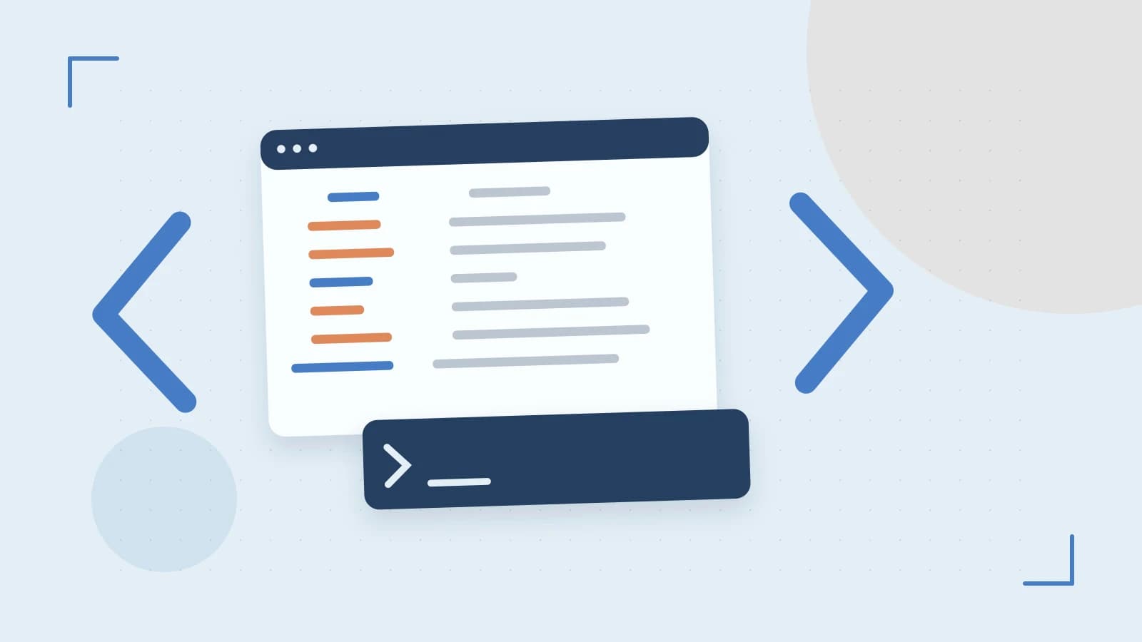 Editorial illustration of an abstract code editor, syntax blocks and oversized programming brackets