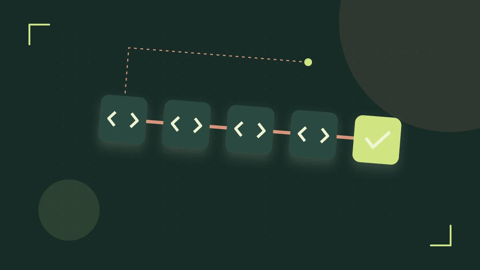 Editorial illustration of a branching build pipeline, staged transformations and a completed check