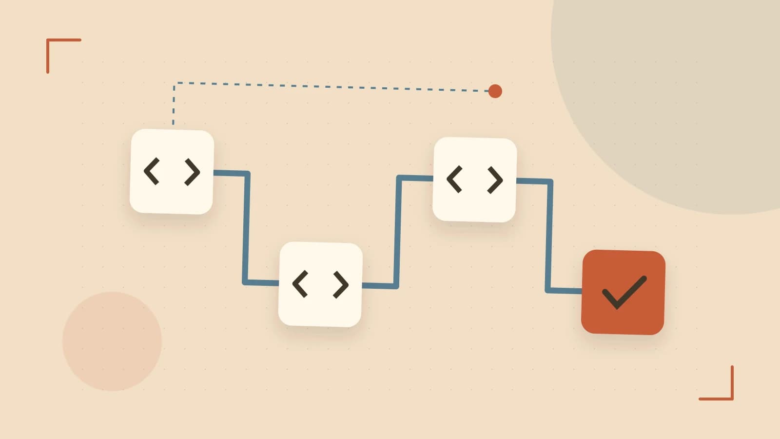 Editorial illustration of a branching build pipeline, staged transformations and a completed check