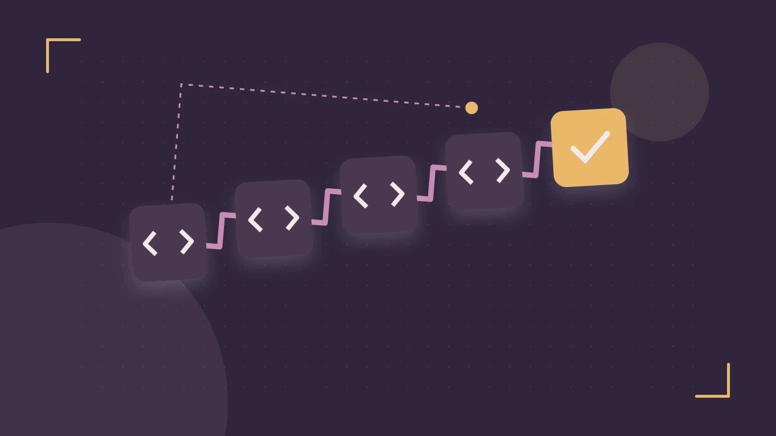 Editorial illustration of a branching build pipeline, staged transformations and a completed check
