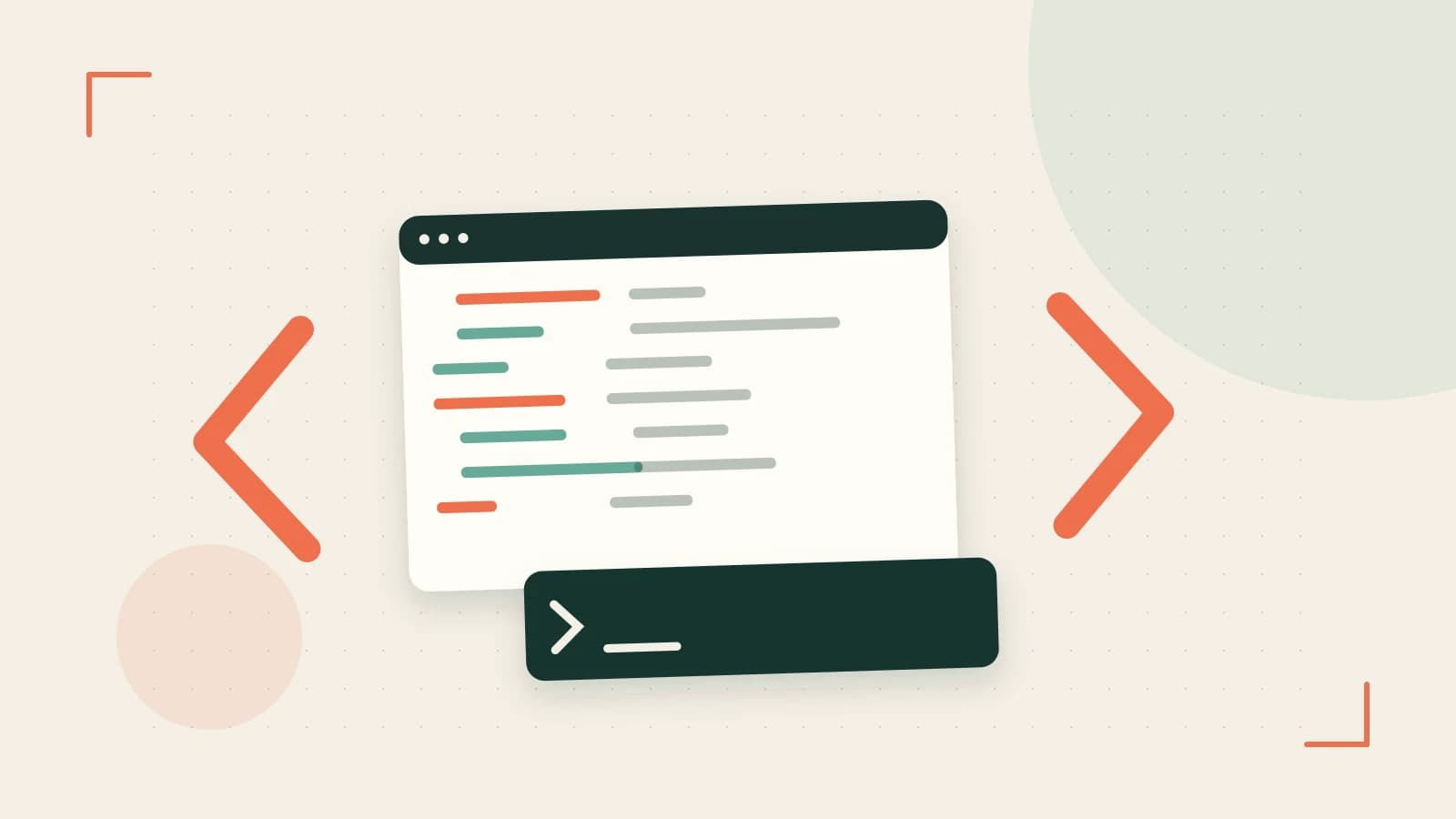 Editorial illustration of an abstract code editor, syntax blocks and oversized programming brackets