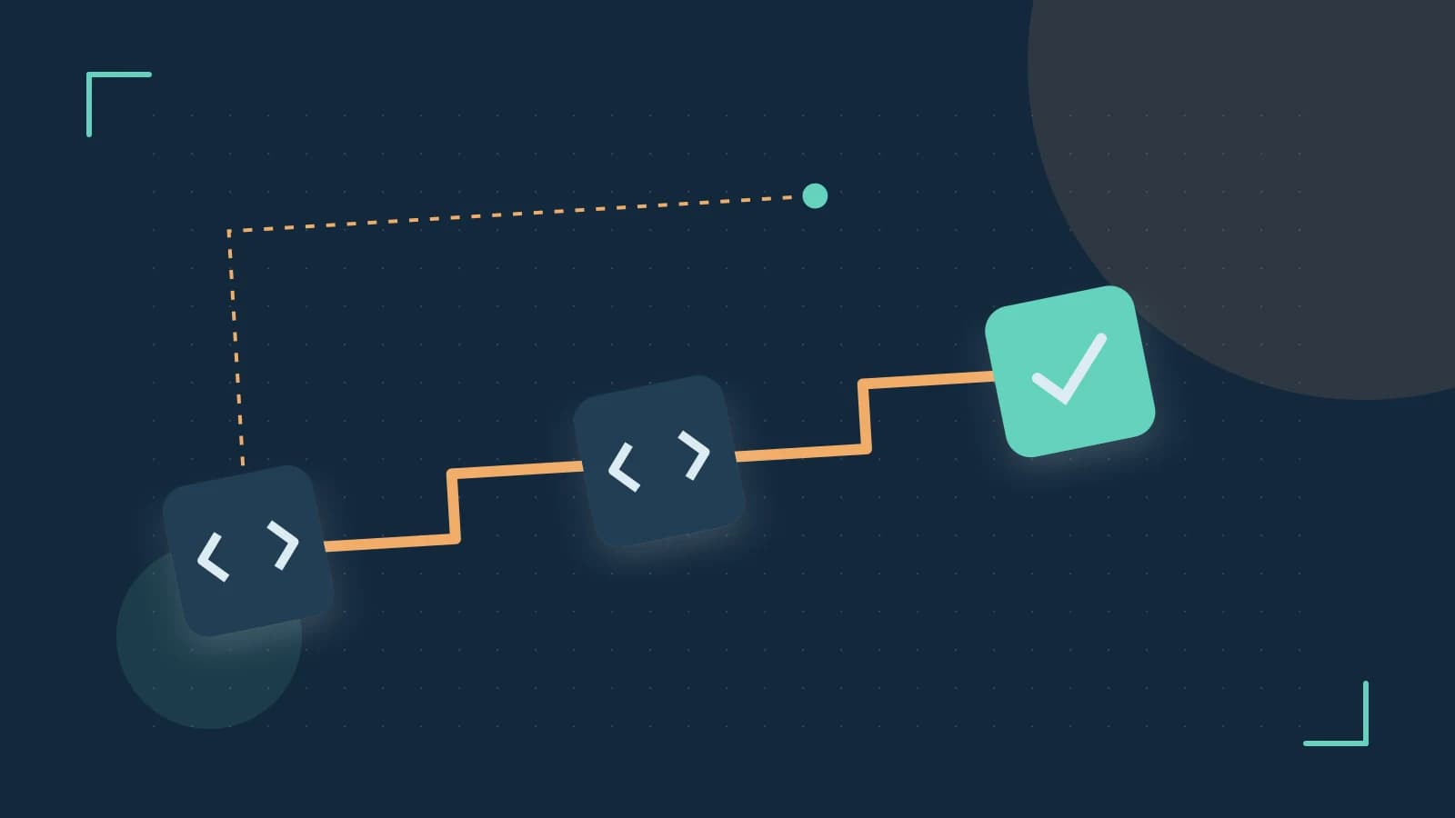 Editorial illustration of a branching build pipeline, staged transformations and a completed check