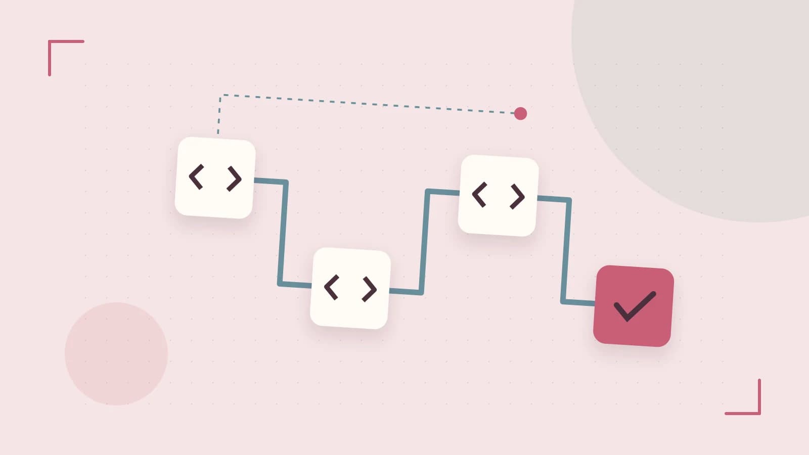 Editorial illustration of a branching build pipeline, staged transformations and a completed check