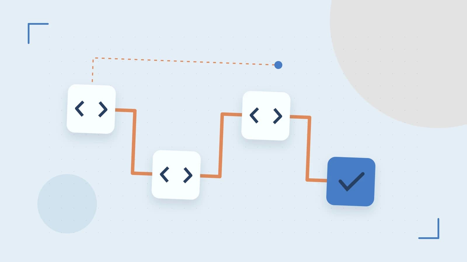 Editorial illustration of a branching build pipeline, staged transformations and a completed check