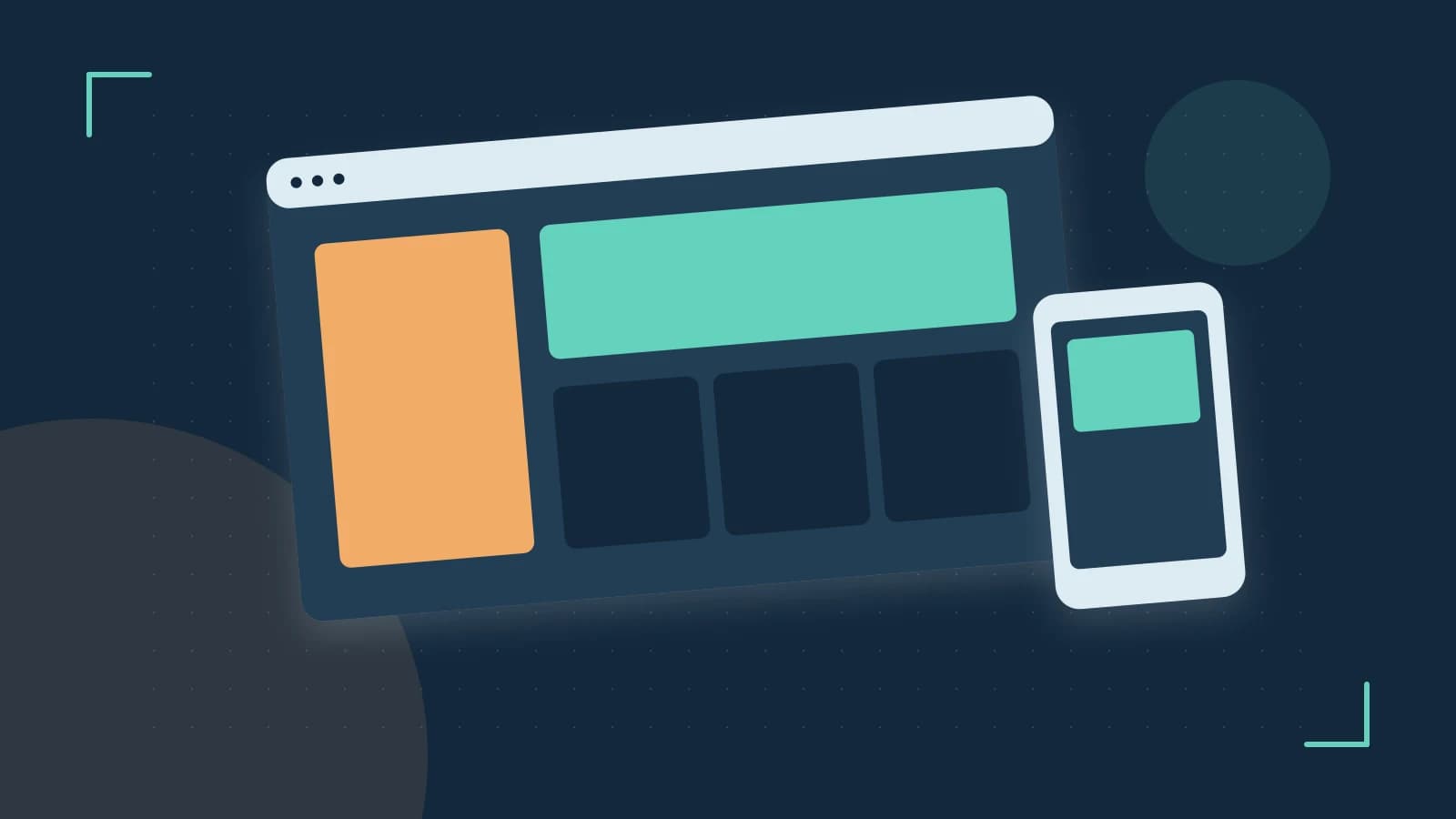 Editorial illustration of responsive browser layouts, overlapping design components and a color system