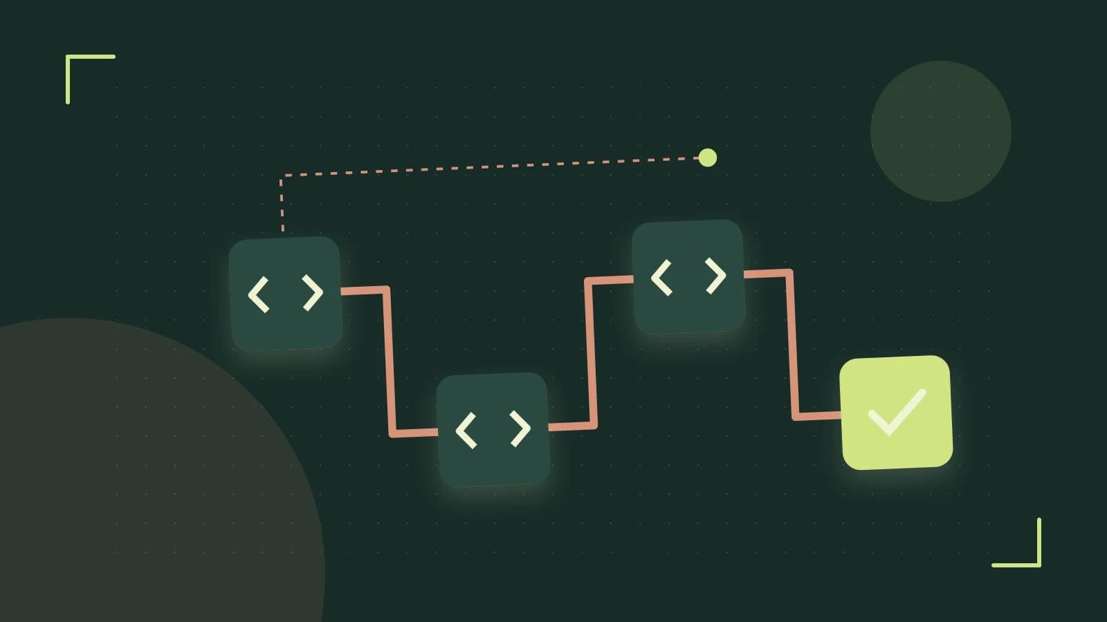 Editorial illustration of a branching build pipeline, staged transformations and a completed check