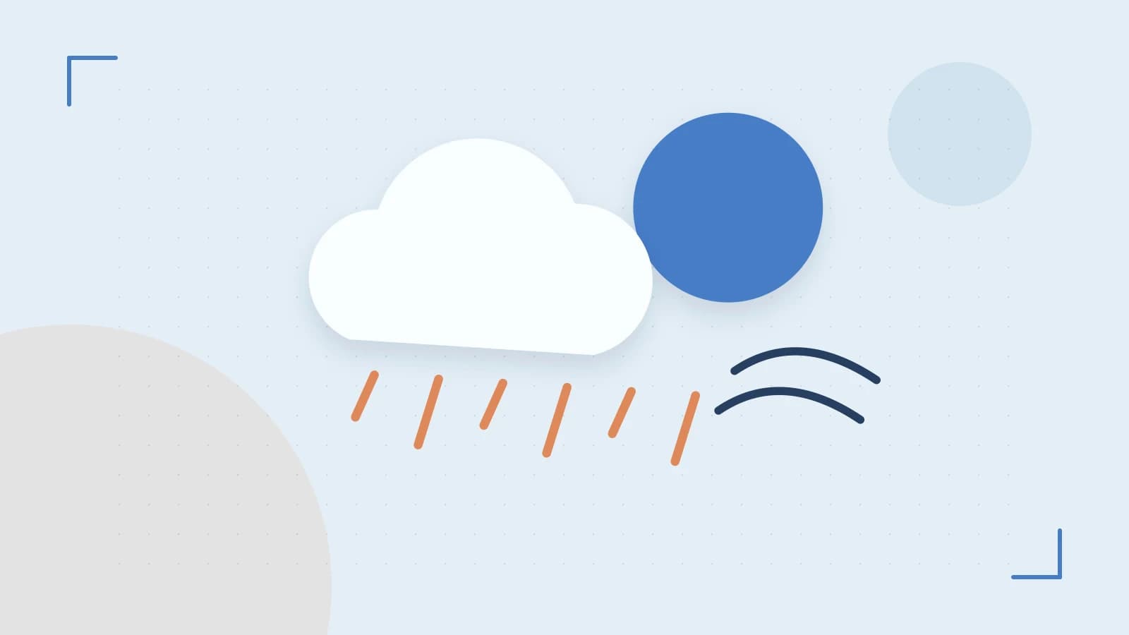 Editorial illustration of a sun, layered clouds, raindrops and flowing weather patterns