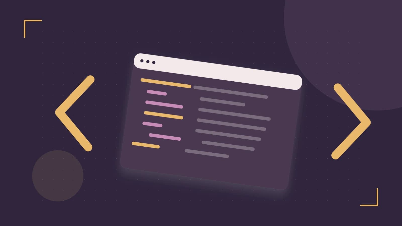Editorial illustration of an abstract code editor, syntax blocks and oversized programming brackets