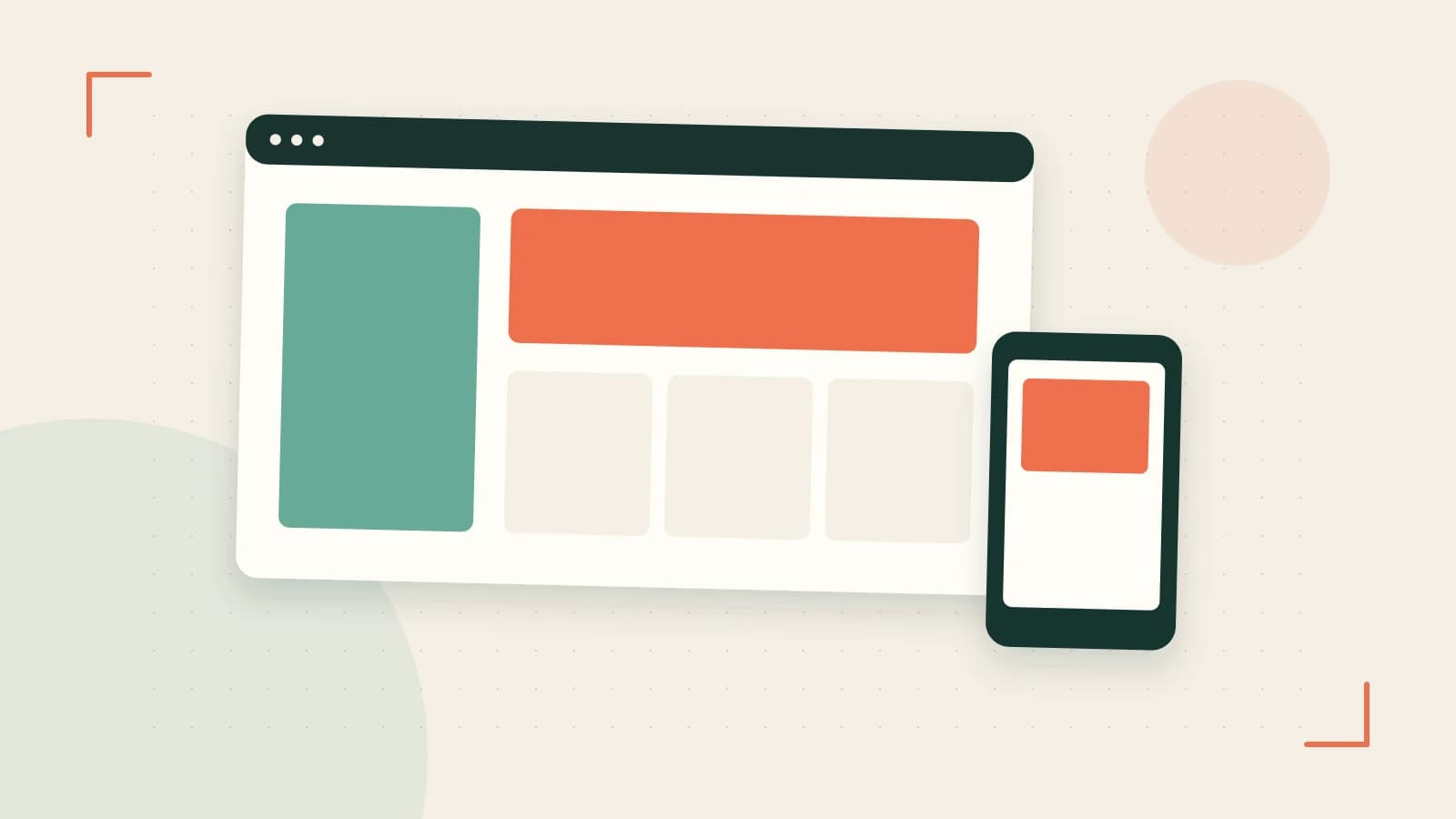 Editorial illustration of responsive browser layouts, overlapping design components and a color system