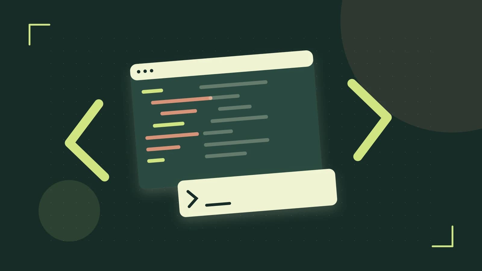 Editorial illustration of an abstract code editor, syntax blocks and oversized programming brackets