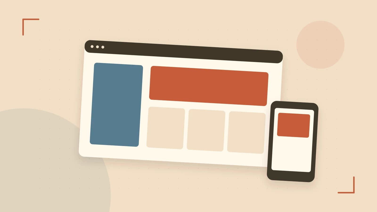 Editorial illustration of responsive browser layouts, overlapping design components and a color system