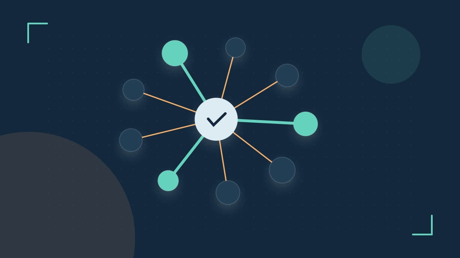 Editorial illustration of an algorithmic node graph with branching paths and a highlighted result