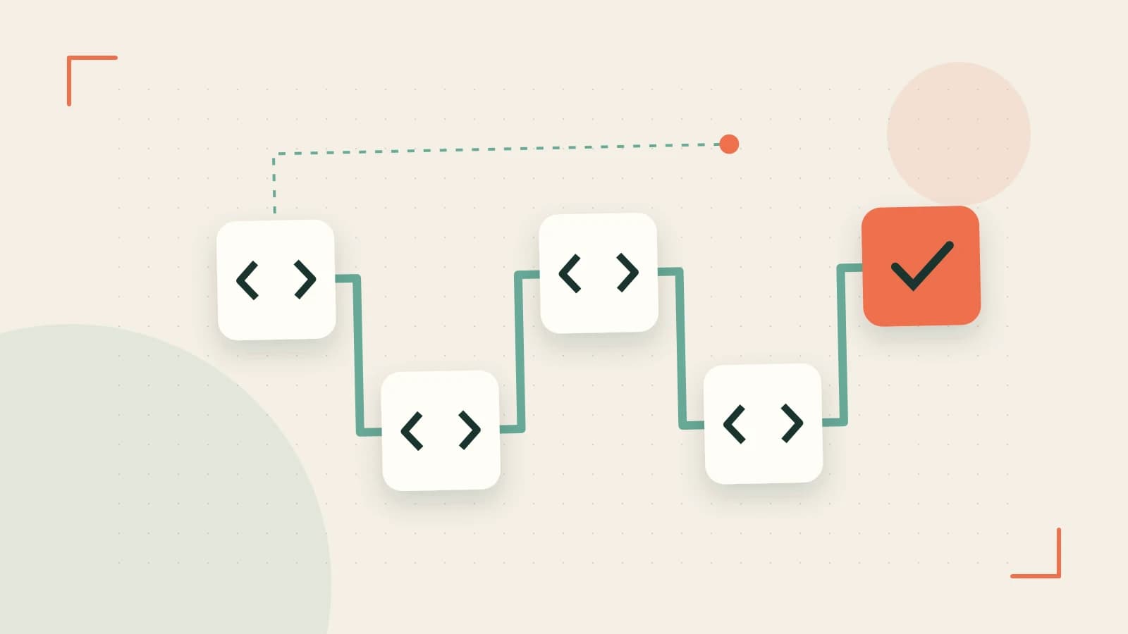 Editorial illustration of a branching build pipeline, staged transformations and a completed check