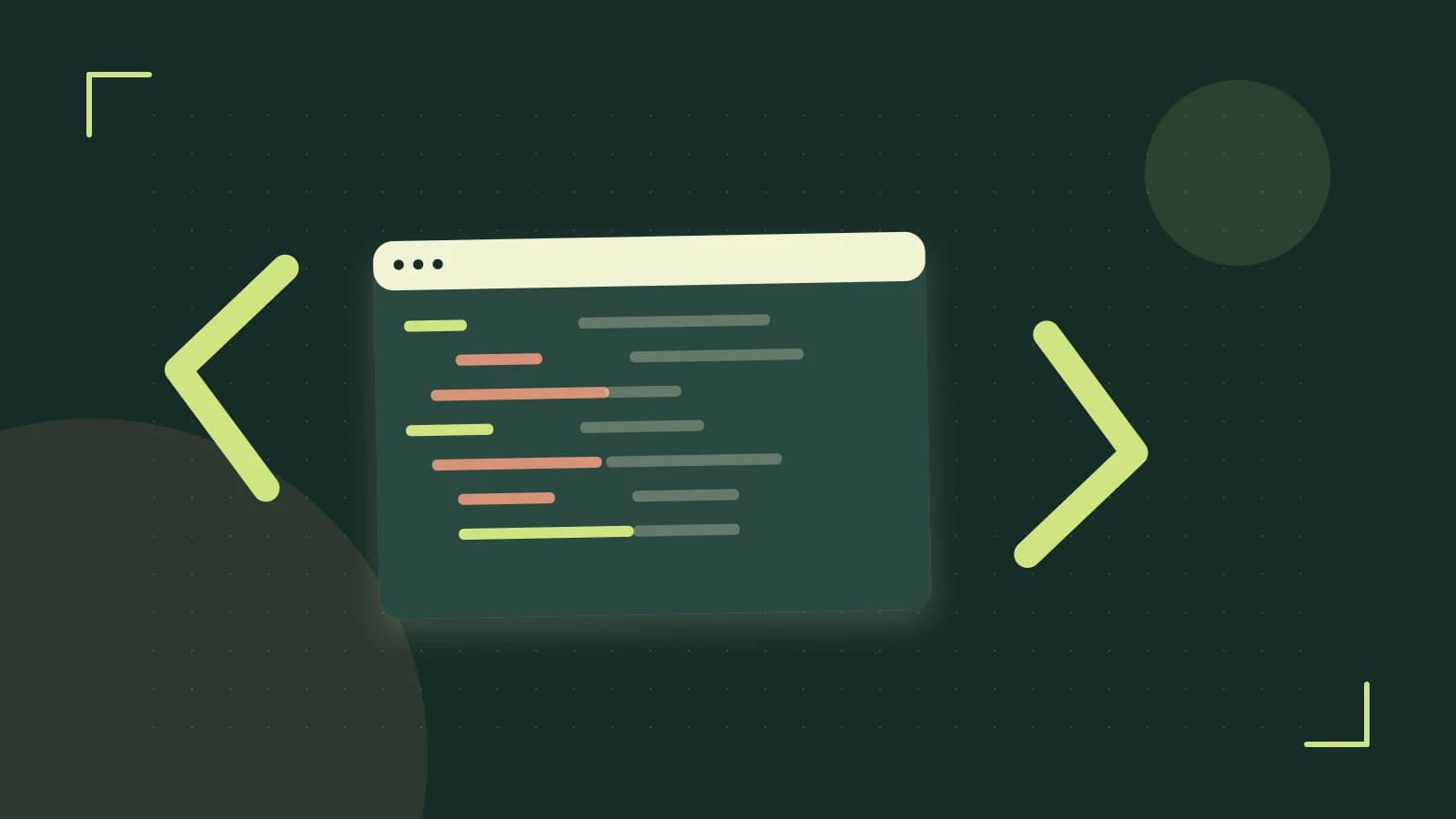 Editorial illustration of an abstract code editor, syntax blocks and oversized programming brackets