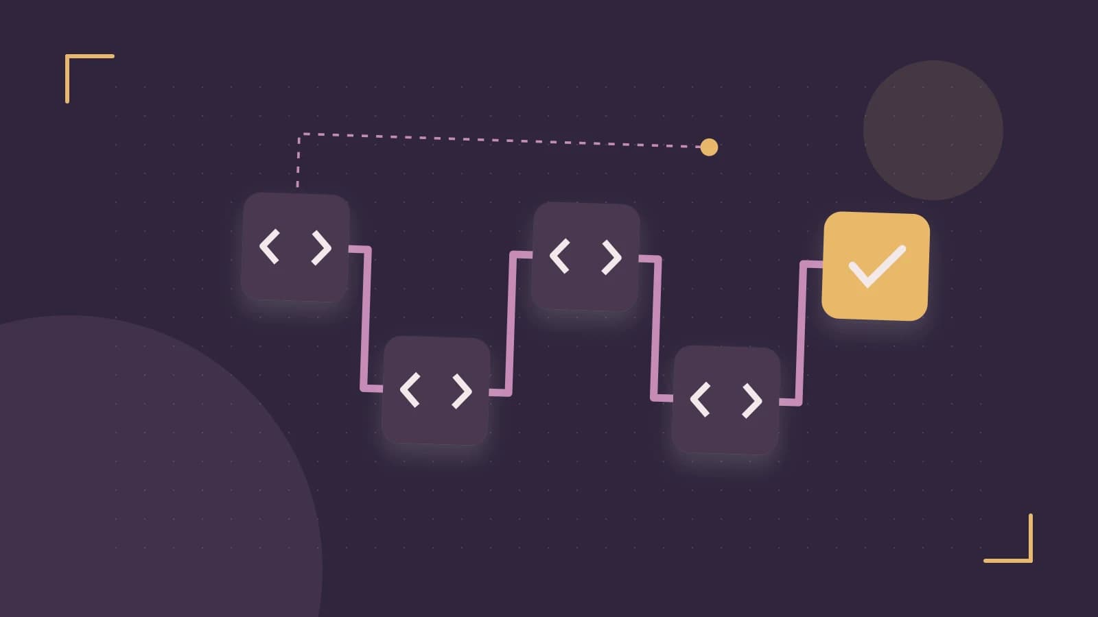 Editorial illustration of a branching build pipeline, staged transformations and a completed check