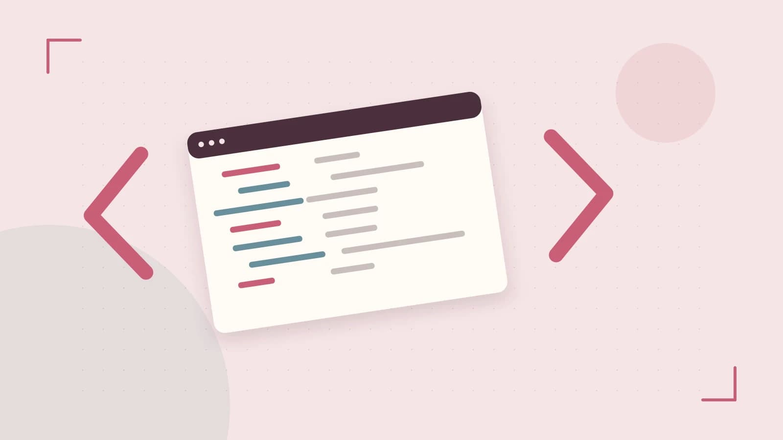 Editorial illustration of an abstract code editor, syntax blocks and oversized programming brackets