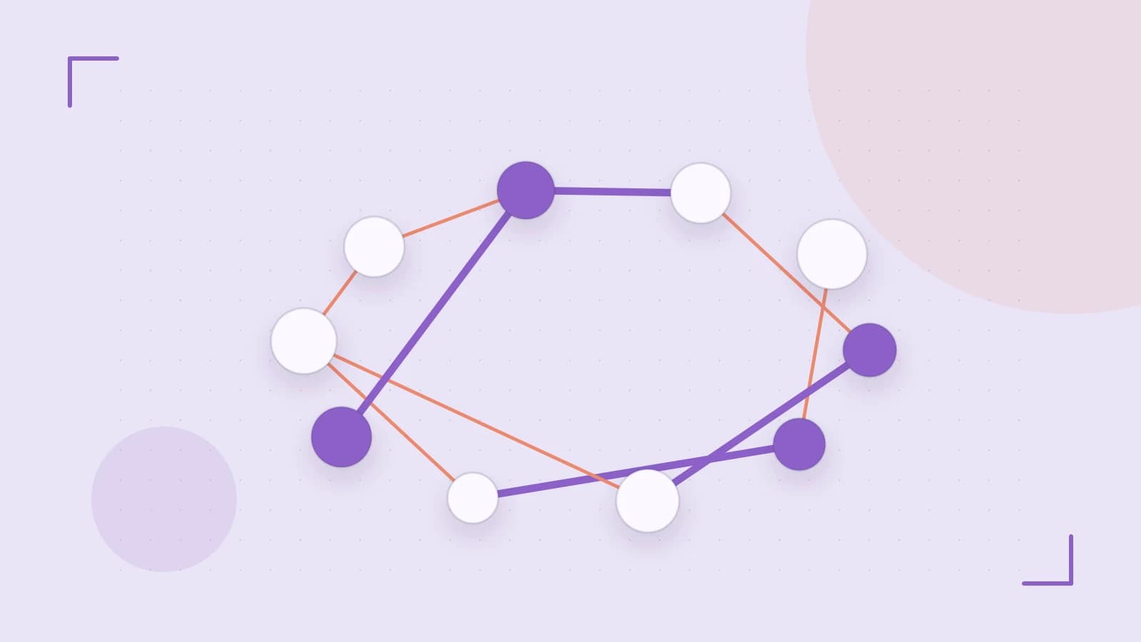 Editorial illustration of an algorithmic node graph with branching paths and a highlighted result