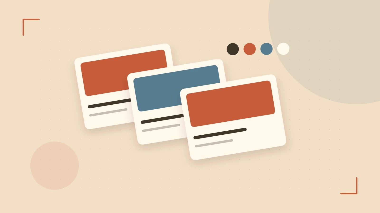 Editorial illustration of responsive browser layouts, overlapping design components and a color system