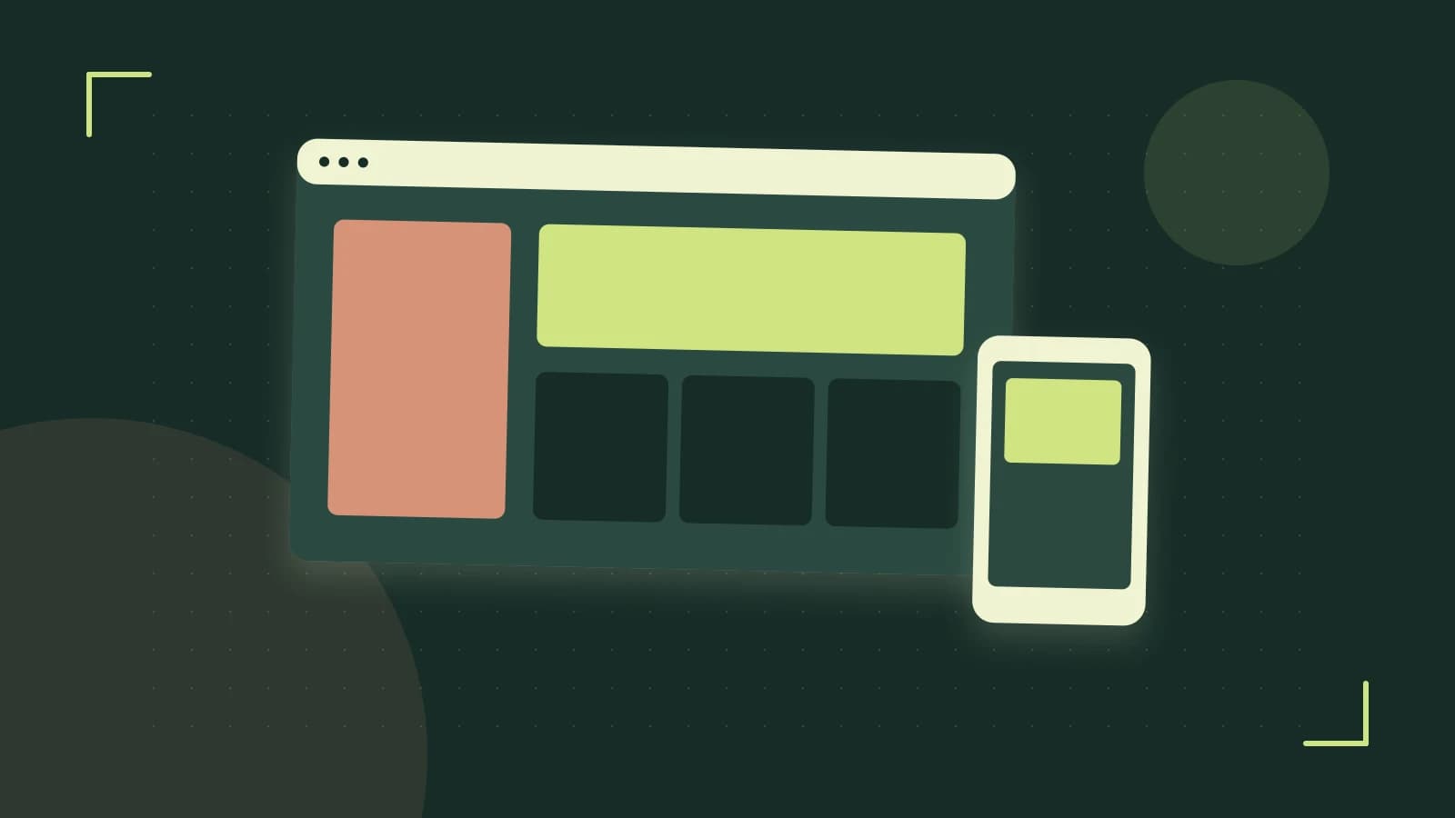 Editorial illustration of responsive browser layouts, overlapping design components and a color system