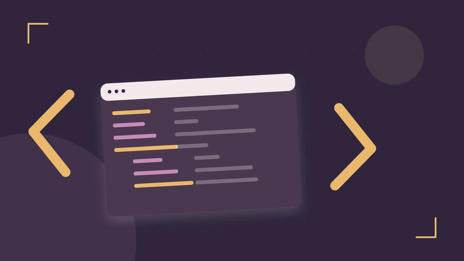 Editorial illustration of an abstract code editor, syntax blocks and oversized programming brackets
