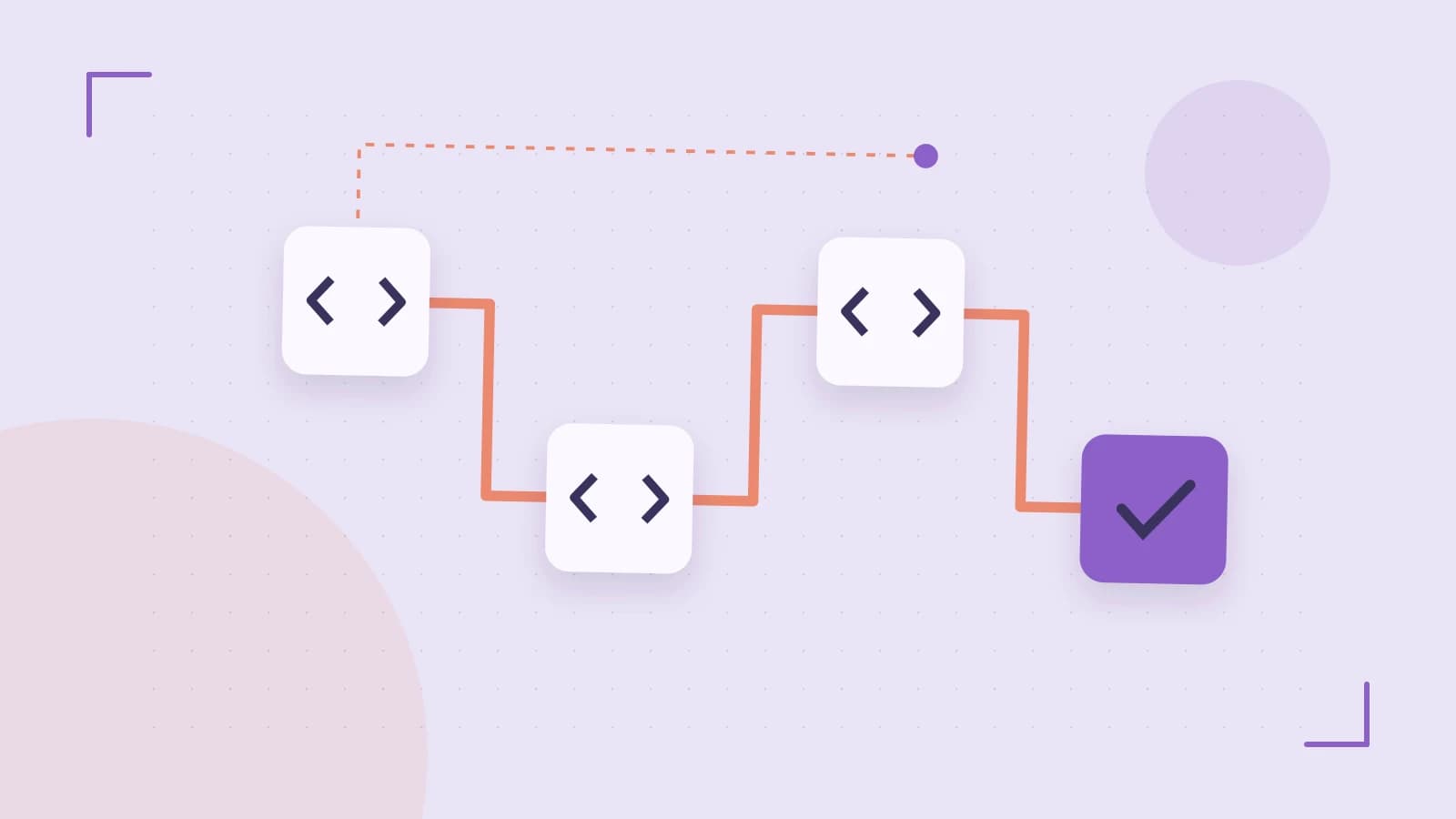 Editorial illustration of a branching build pipeline, staged transformations and a completed check