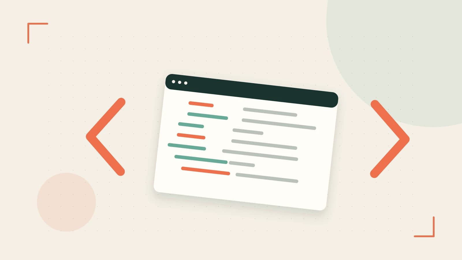Editorial illustration of an abstract code editor, syntax blocks and oversized programming brackets
