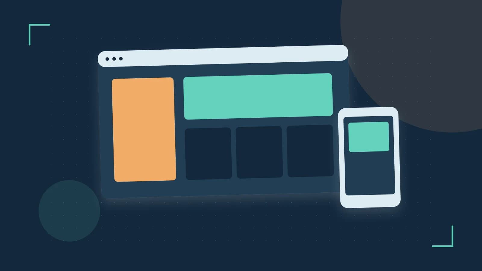Editorial illustration of responsive browser layouts, overlapping design components and a color system