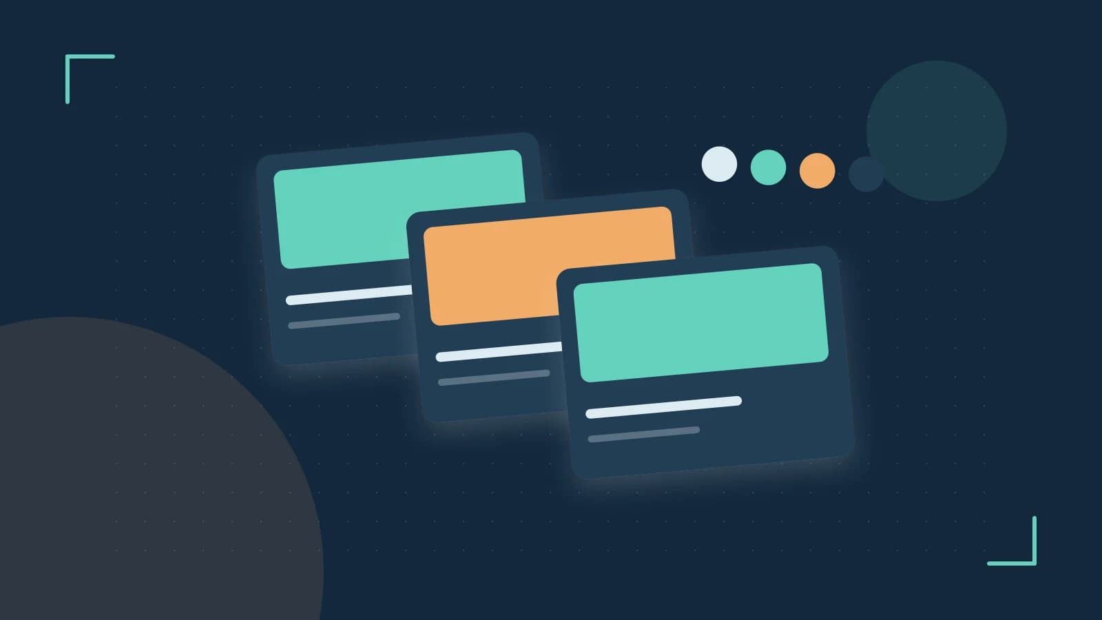Editorial illustration of responsive browser layouts, overlapping design components and a color system