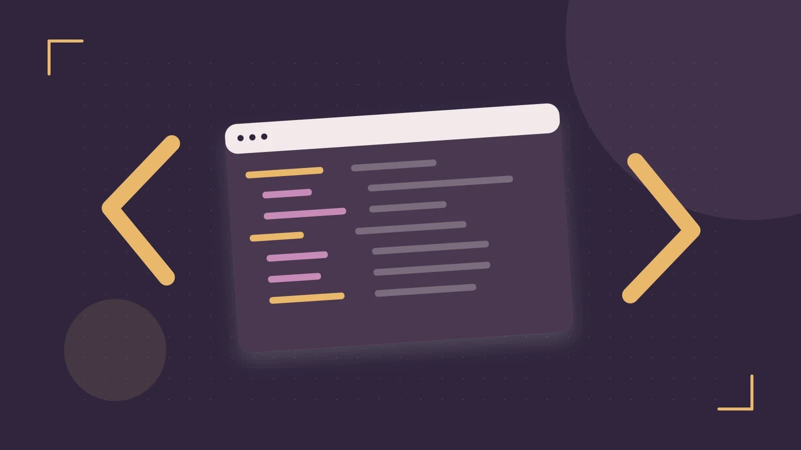 Editorial illustration of an abstract code editor, syntax blocks and oversized programming brackets