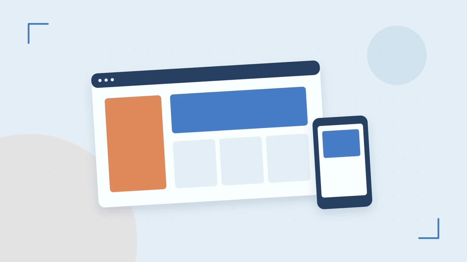 Editorial illustration of responsive browser layouts, overlapping design components and a color system