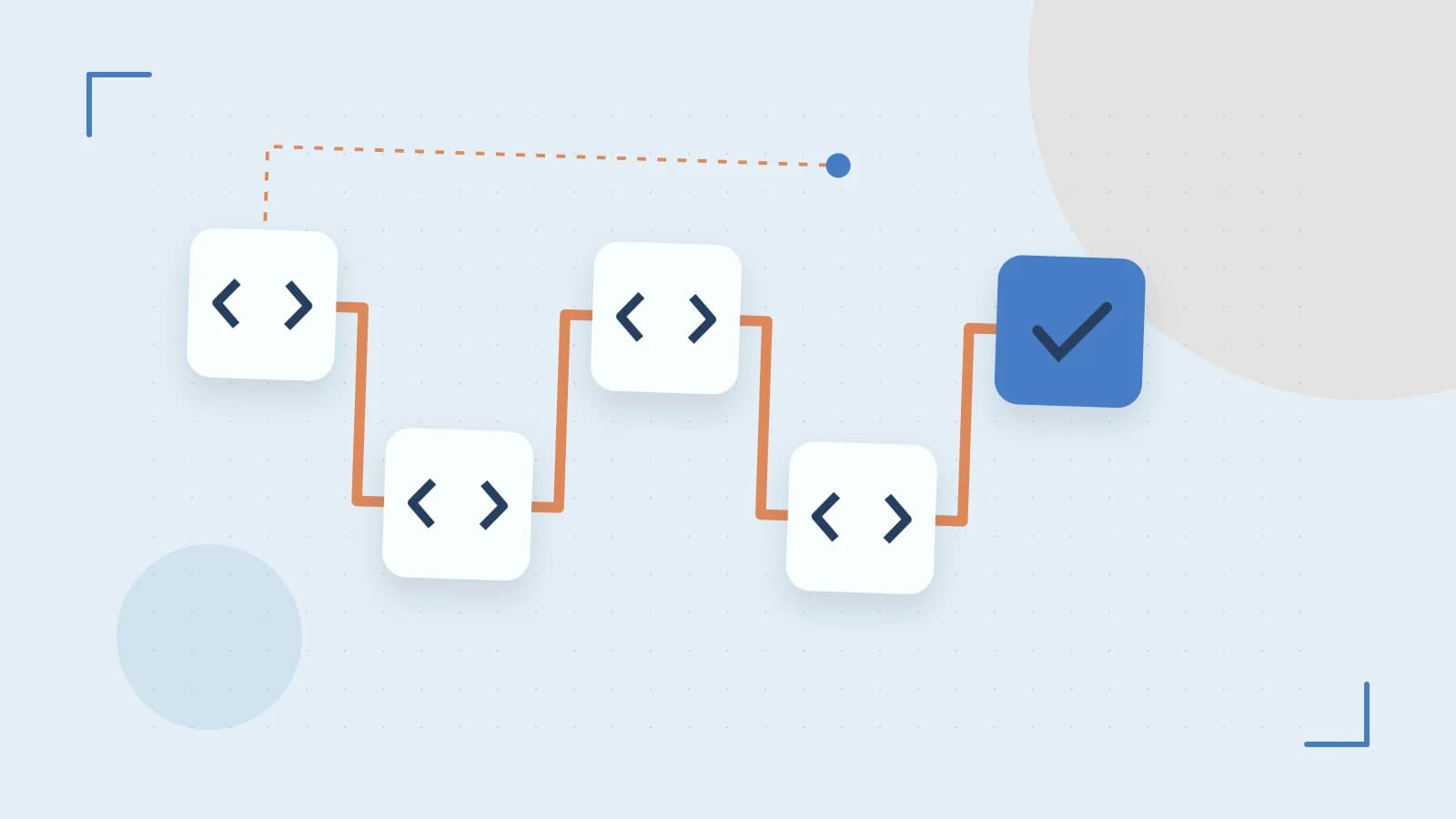 Editorial illustration of a branching build pipeline, staged transformations and a completed check