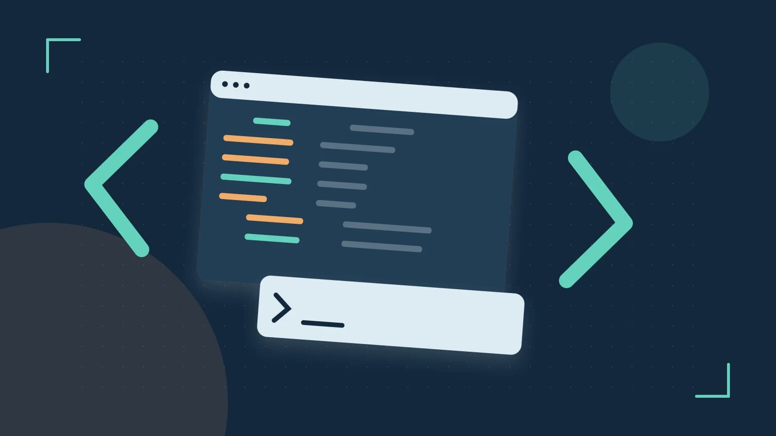 Editorial illustration of an abstract code editor, syntax blocks and oversized programming brackets