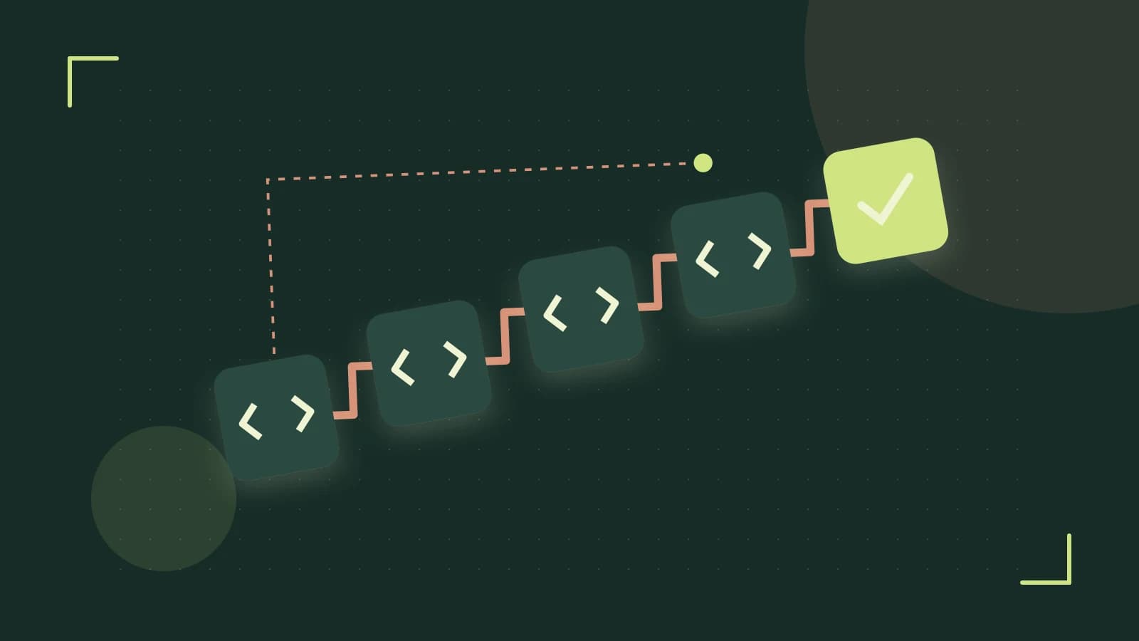 Editorial illustration of a branching build pipeline, staged transformations and a completed check