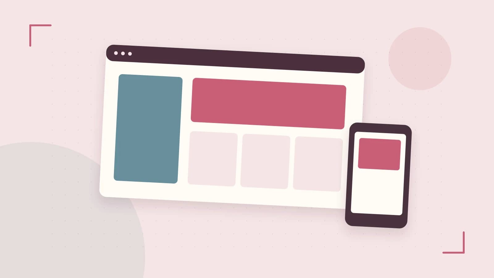 Editorial illustration of responsive browser layouts, overlapping design components and a color system