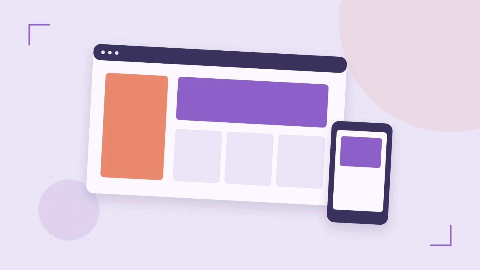 Editorial illustration of responsive browser layouts, overlapping design components and a color system