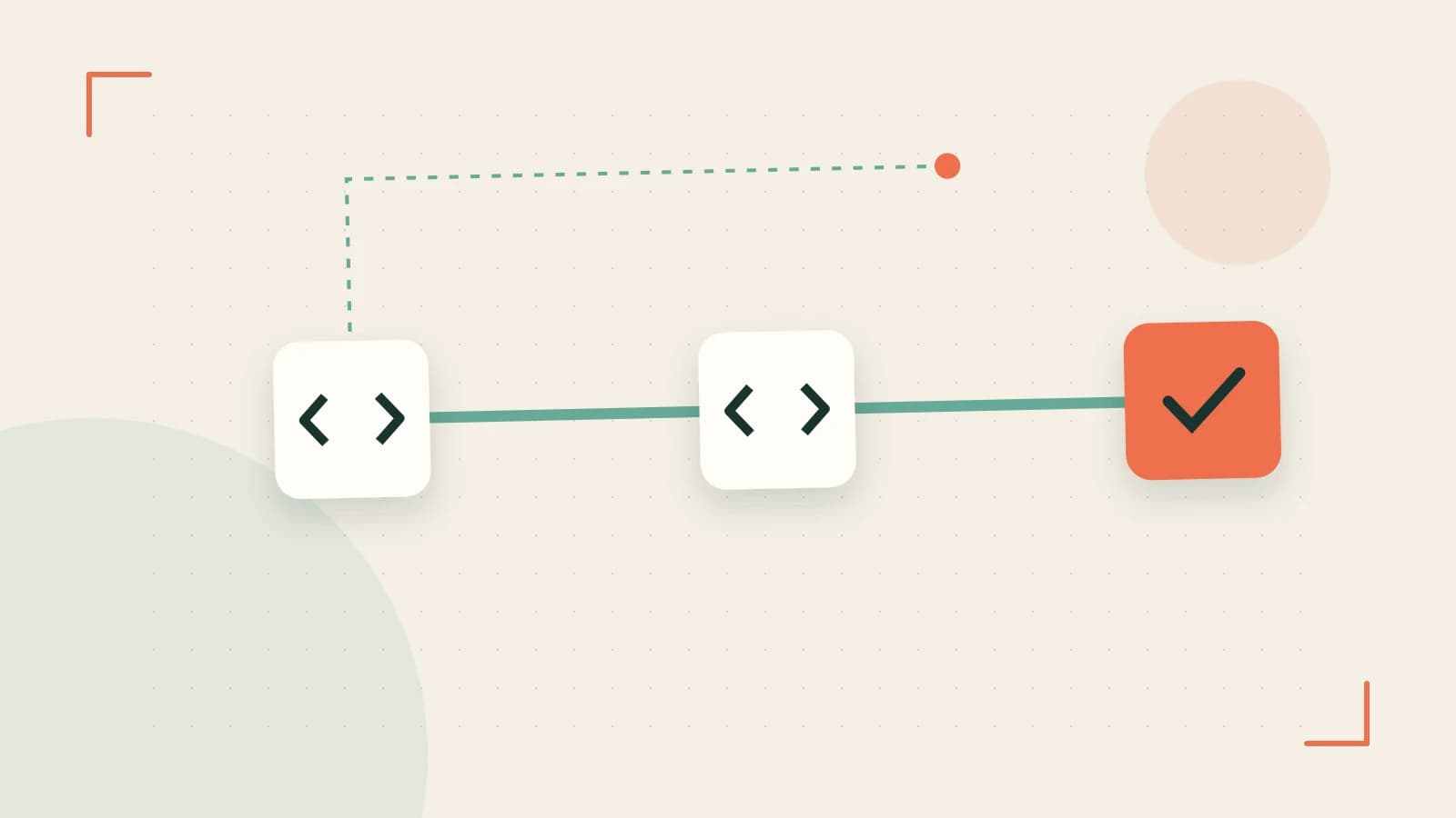 Editorial illustration of a branching build pipeline, staged transformations and a completed check