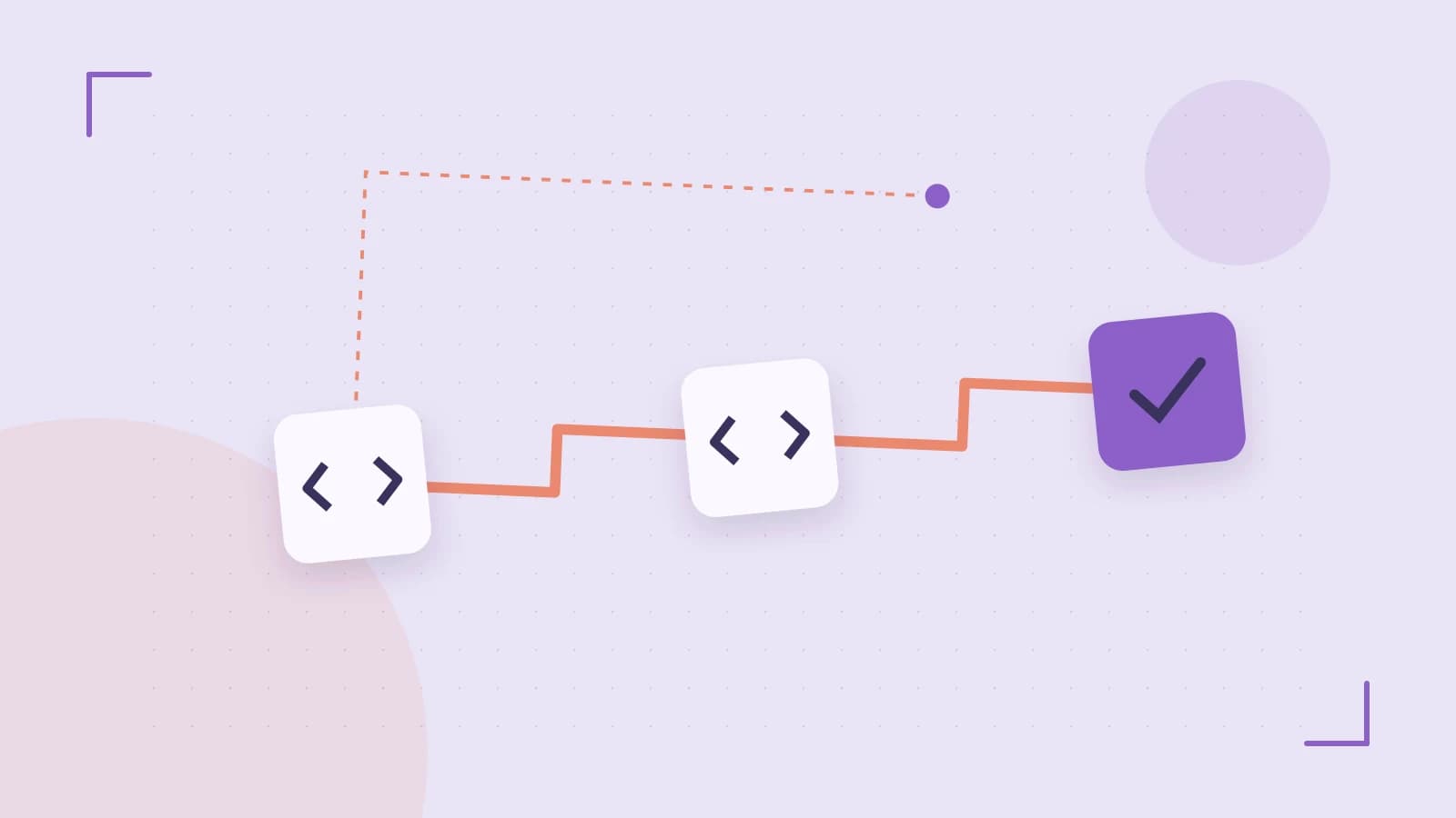 Editorial illustration of a branching build pipeline, staged transformations and a completed check