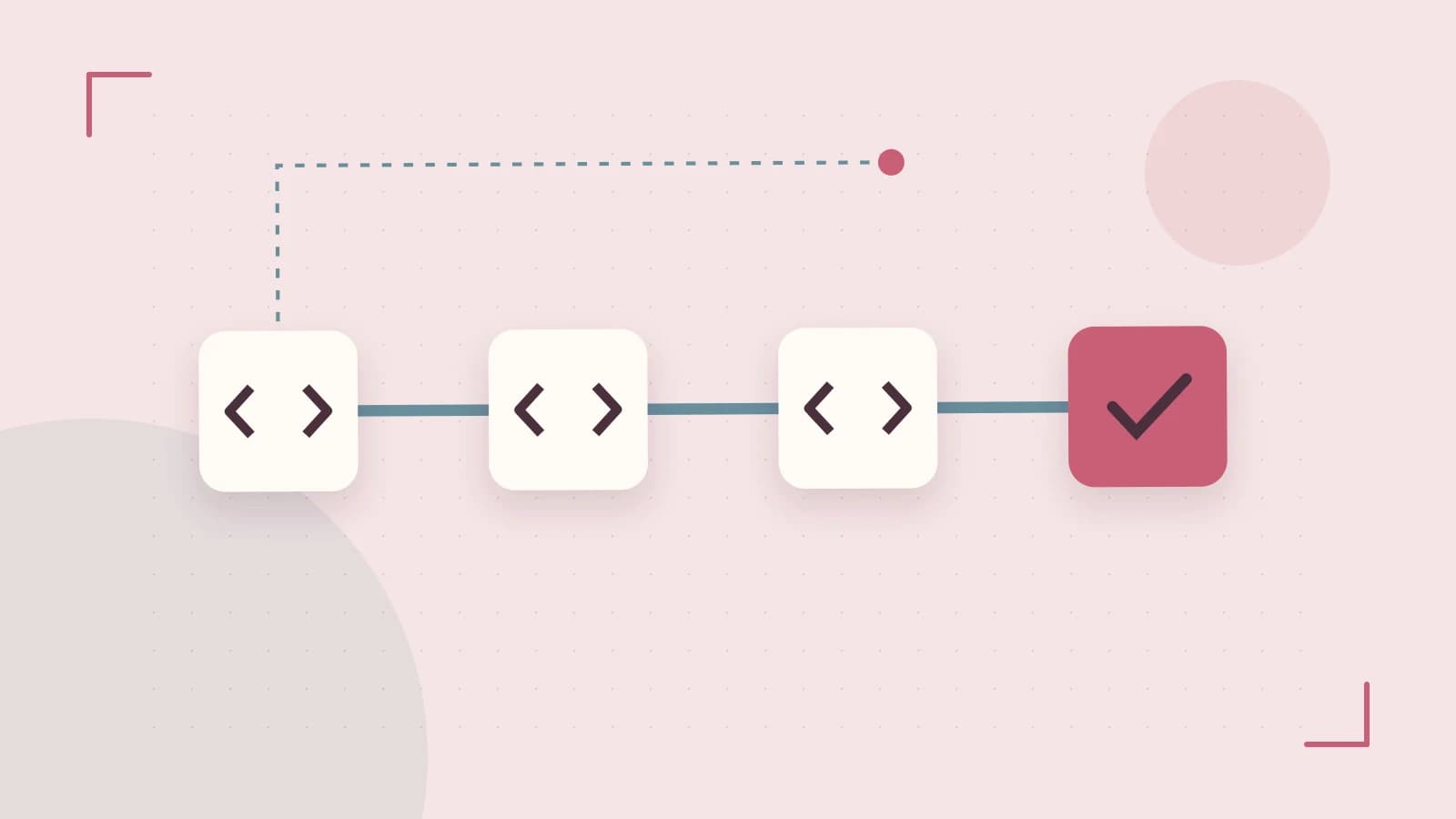 Editorial illustration of a branching build pipeline, staged transformations and a completed check
