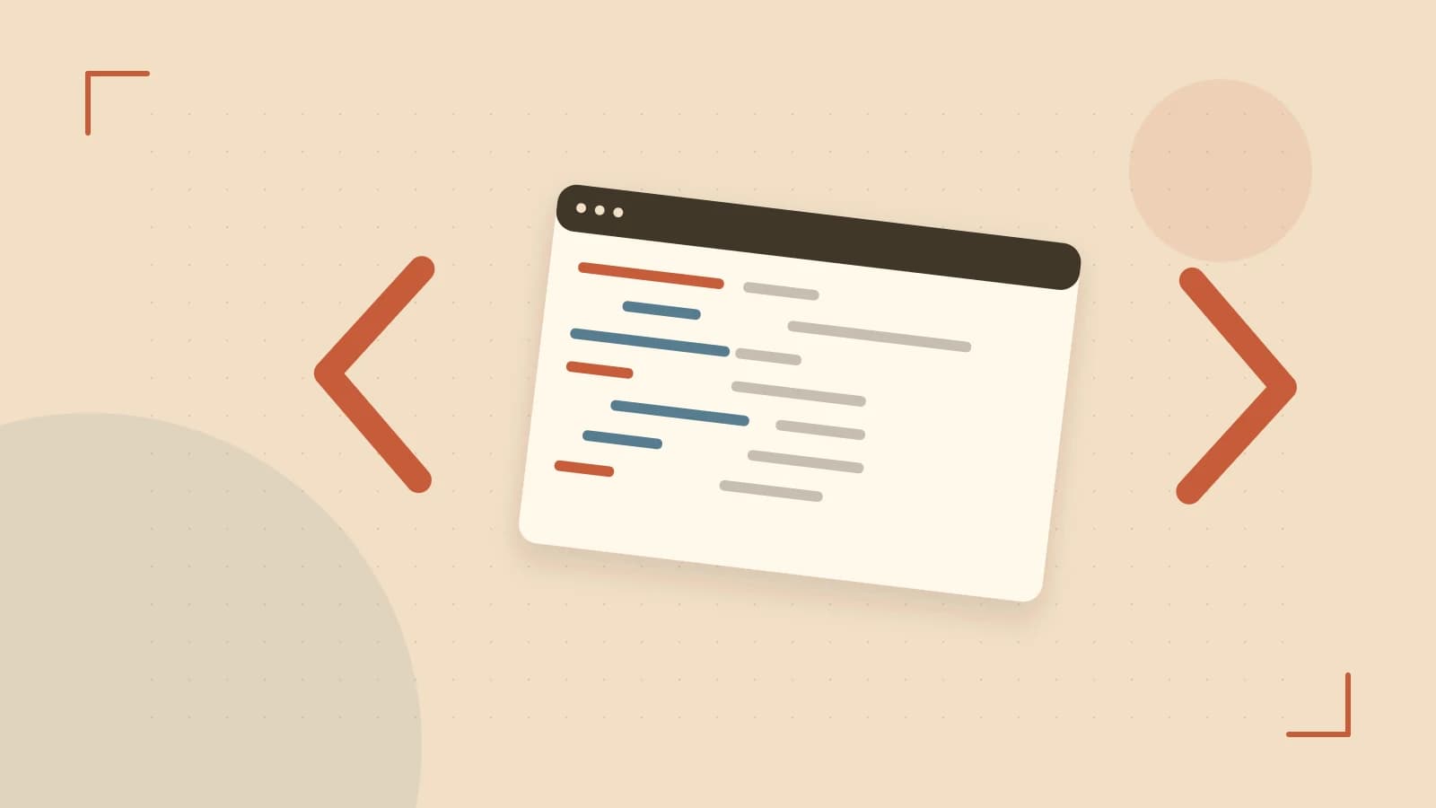 Editorial illustration of an abstract code editor, syntax blocks and oversized programming brackets