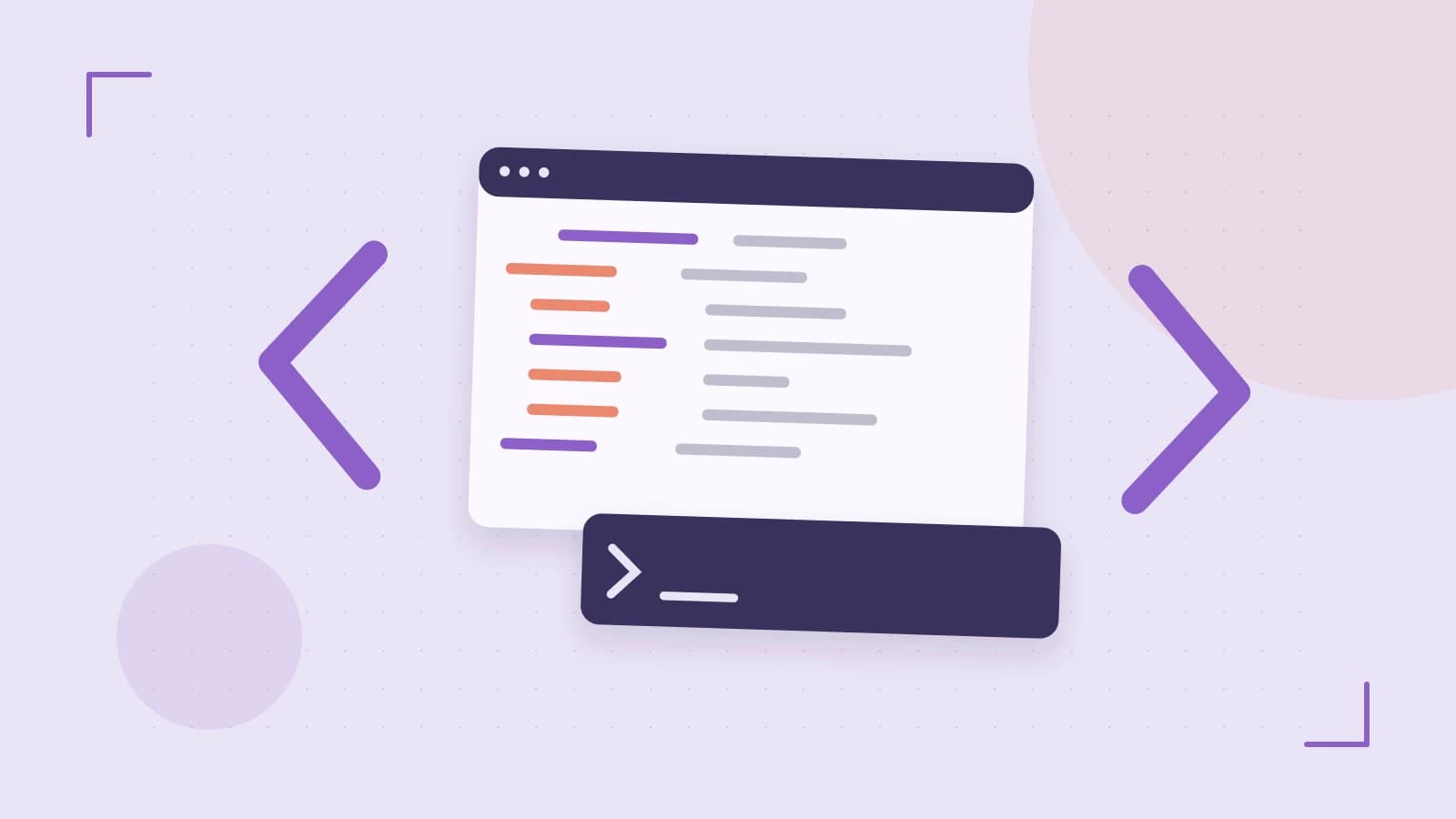 Editorial illustration of an abstract code editor, syntax blocks and oversized programming brackets