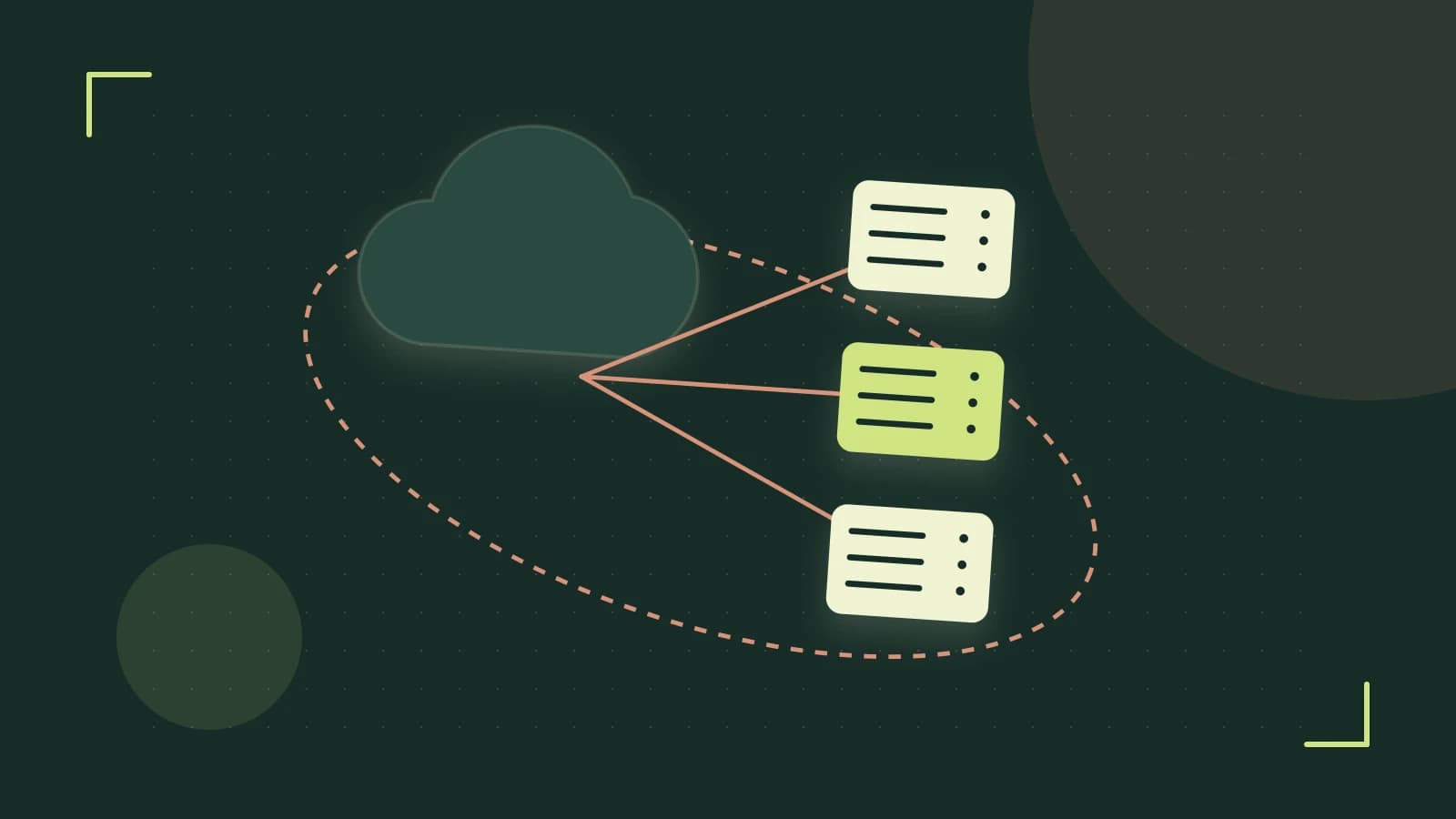 Editorial illustration of cloud infrastructure, connected server racks and an orbital service map