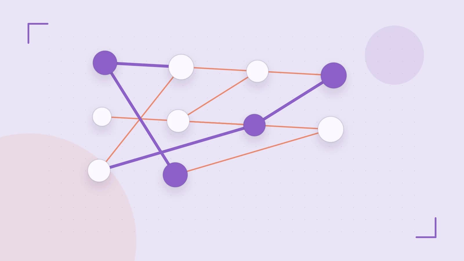 Editorial illustration of an algorithmic node graph with branching paths and a highlighted result