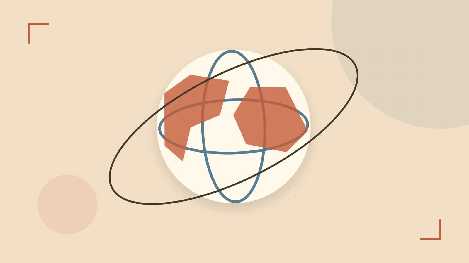 Editorial illustration of an editorial globe with meridians and layered geographic shapes