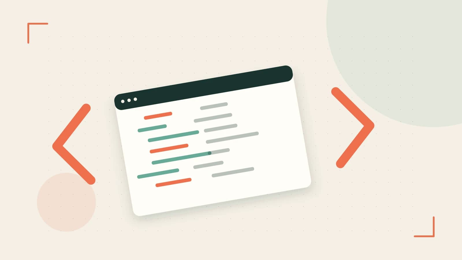 Editorial illustration of an abstract code editor, syntax blocks and oversized programming brackets